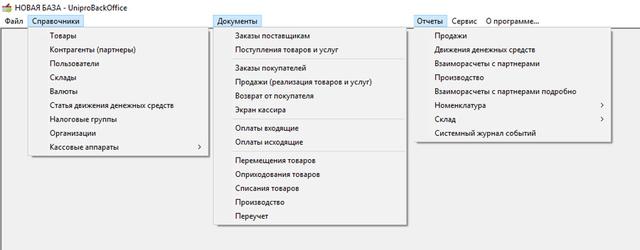 Меню програми UniproRetail