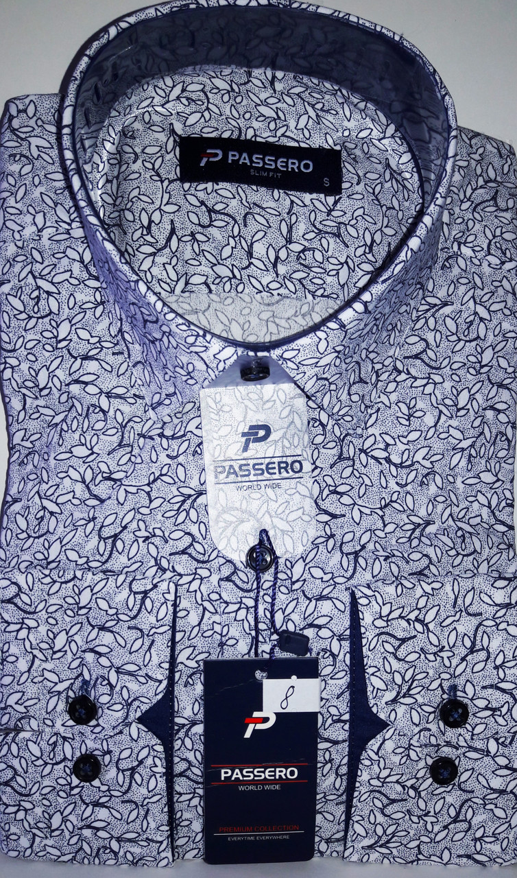 Сорочка чоловіча Passero vd-0008 біла приталені у візерунок стрейч коттон Туреччина з довгим рукавом