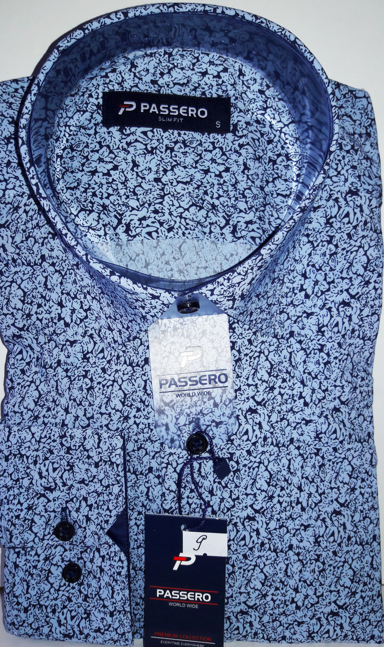 Сорочка чоловіча Passero vd-0009 блакитна приталені у візерунок стрейч коттон Туреччина з довгим рукавом