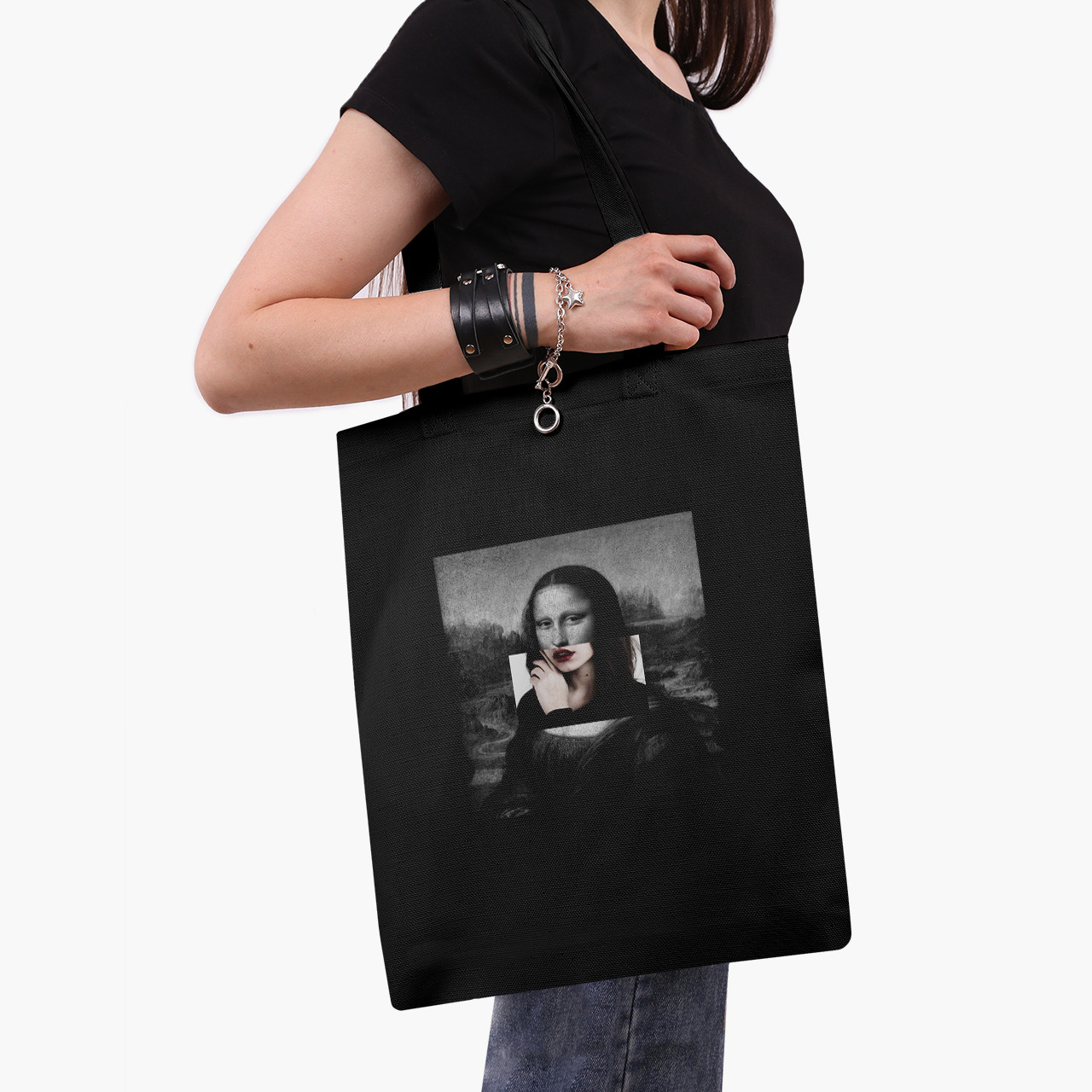 Еко сумка Ренесанс Мона Ліза "Джоконда» (Mona Lisa La Gioconda) чорна саржа, шопер з принтом