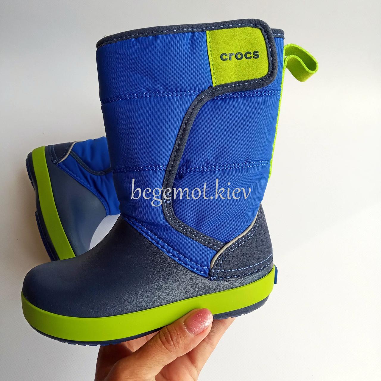 Дитячі зимові чоботи Crocs Kids LodgePoint Snow Boot Синій з салатовим на липучці