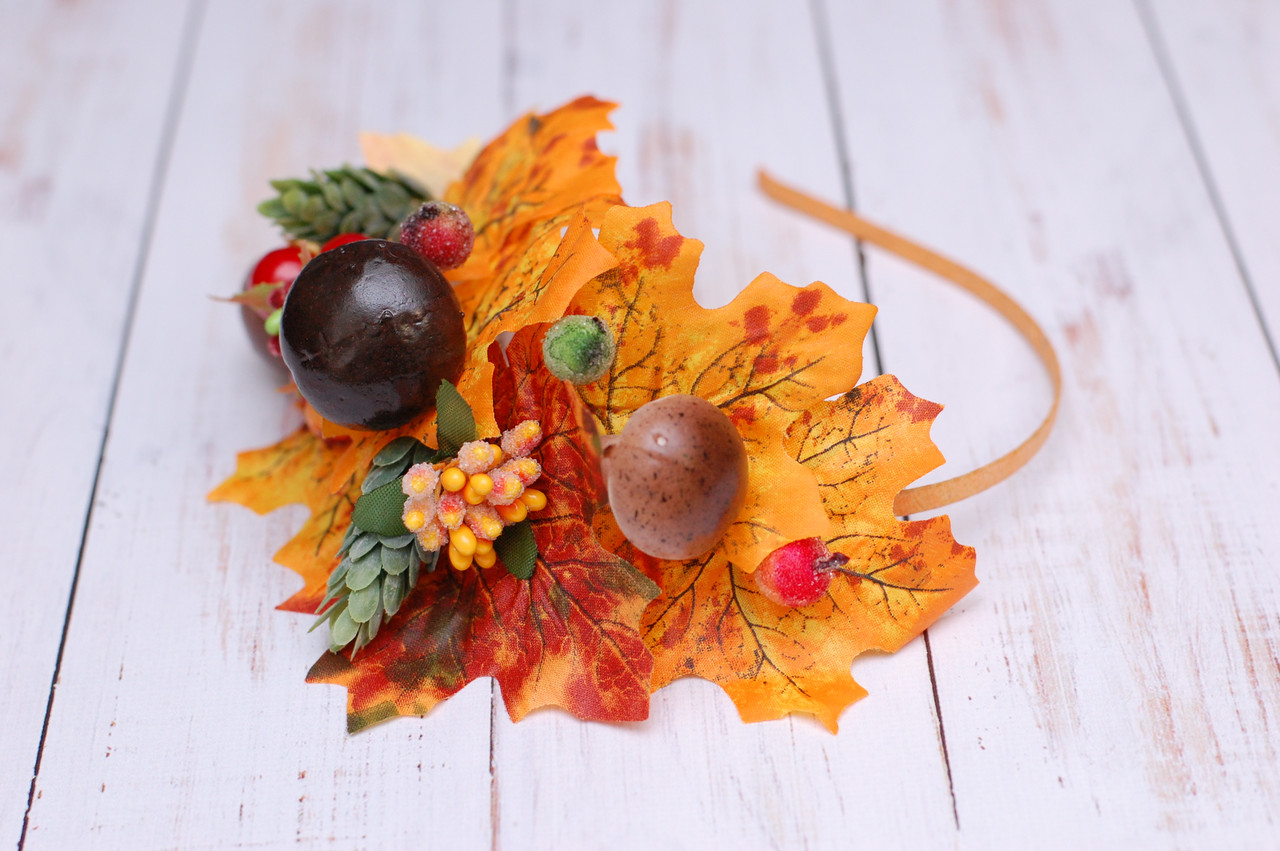 Осінній обруч / ободок для волосся з листям і грибами на одну сторону 227 Об, фото 1