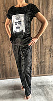 Пижамы женские теплые. Велюровый комплект футболка с рисунком и штаны 608-2 черный.