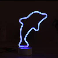 Неоновый светильник Дельфин на подставке, ночник 17,5x10x27,7 см, синий, батарейки/USB провод (140632)