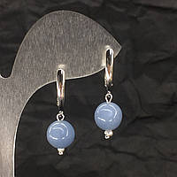 Сережки з натуральним каменем Ангелит d-8мм+- і перлами колір фурнітури срібло