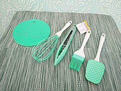 Набір силіконових приладів для кухні (лопатка, віночок, кисть, підставка під гаряче, щипці) |Кухонний посуд|