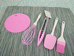 Набір силіконових приладів для кухні (лопатка, віночок, кисть, підставка під гаряче, щипці) |Кухонний посуд|