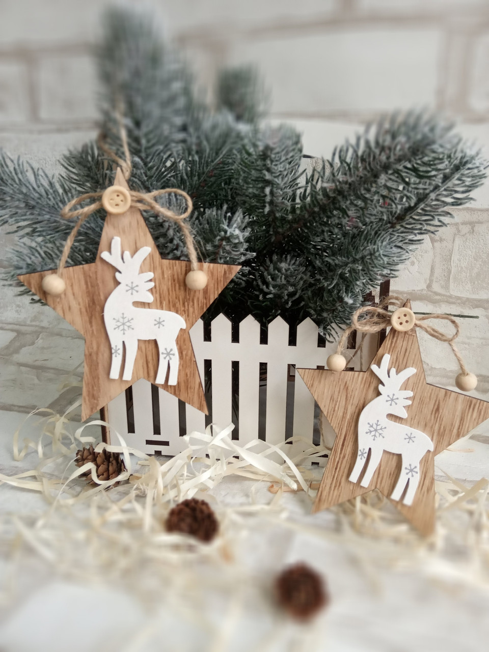 Новорічна іграшка, підвіска "Зірка з оленем", дерево, 11 см, фото 1