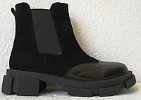 Челси женские чёрные на толстой подошве ботинки кожа замш бренд Mante зима на резинках 36 размер