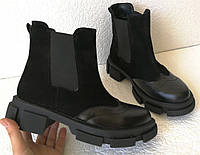 Челсі жіночі чорні на товстій підошві черевики шкіра замш бренд Mante зима на гумках