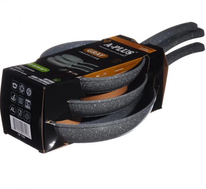 Набір сковорідок з мармуровим покриттям A-Plus 1741, сірий,3 шт, фото 1