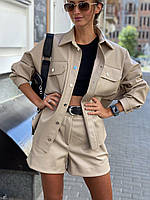 Костюм женский из эко кожи трендовый рубашка с накладными карманами и стильные шорты Dld2929