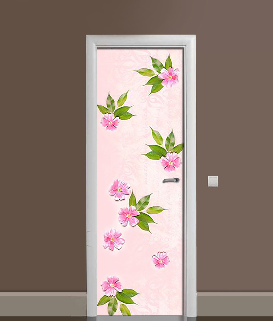 3Д наклейка на двері Рожеві Квіти і листя самоклеюча вінілова плівка ПВХ квітковий фон 60*180 см, фото 1