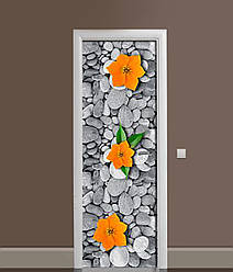 3Д наклейка на двері Помаранчеві квіти на каменях вінілова плівка ПВХ галька Текстура Сірий 60*180 см