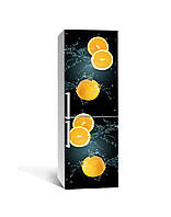 Декоративная 3Д наклейка на холодильник Апельсины на черном фоне (виниловая пленка ПВХ) цитрусы 650*2000 мм