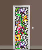 Декоративная 3Д наклейка на дверь Ярки Цветы Зебра (виниловая пленка ПВХ) тюльпаны орнамент Зеленый 65х200 см