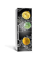 Декоративная 3Д наклейка на холодильник Лимоны и Лаймы в воде (виниловая пленка ПВХ) цитрусы Серый 650*2000 мм