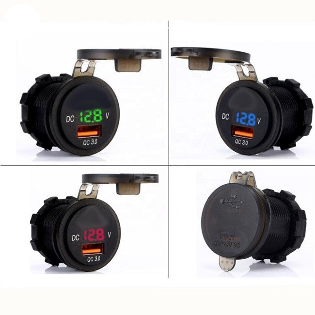 Автомобільне зарядне гніздо USB + Вольтметр DC 12-24 V/5 V 2,1 A синє підсвічування з різзю, фото 1
