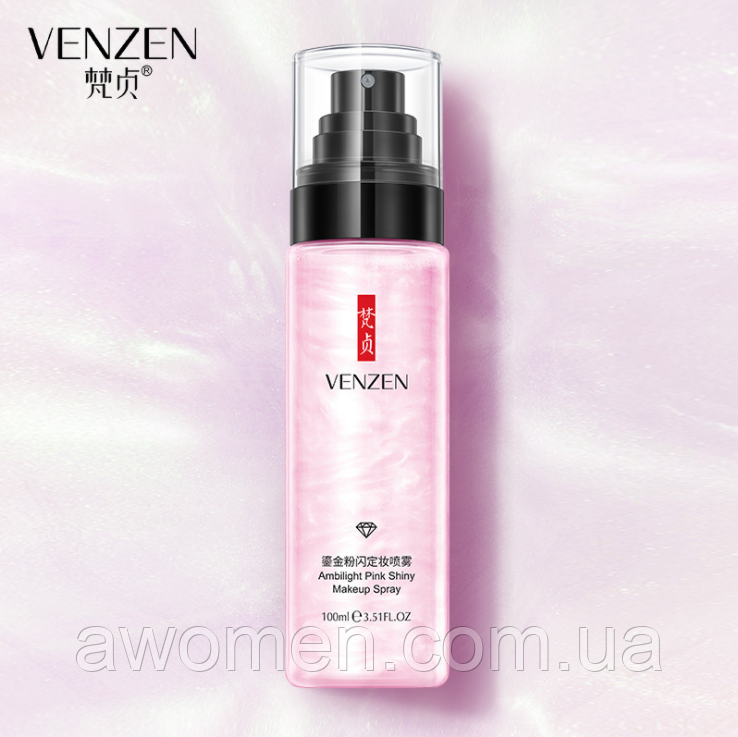 Уценка! Спрей-фіксатор для макіяжу Venzen Pink з рожевою перловою пудрою 100 ml (м'ята коробка!)