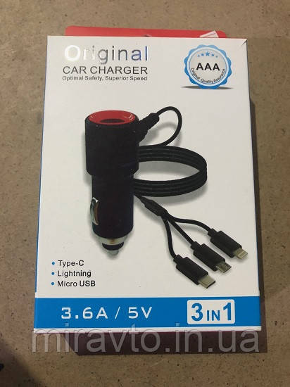 Заряджання 3в1 MicroUSB/Iphone/Type C дріт+без USB вих. (коробка) 3,6А/5V, фото 1