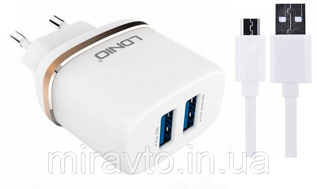 Адаптер 220v 2 USB 2400mA "LDINO" DL-AC52 ! кабель MicroUsb White, фото 1