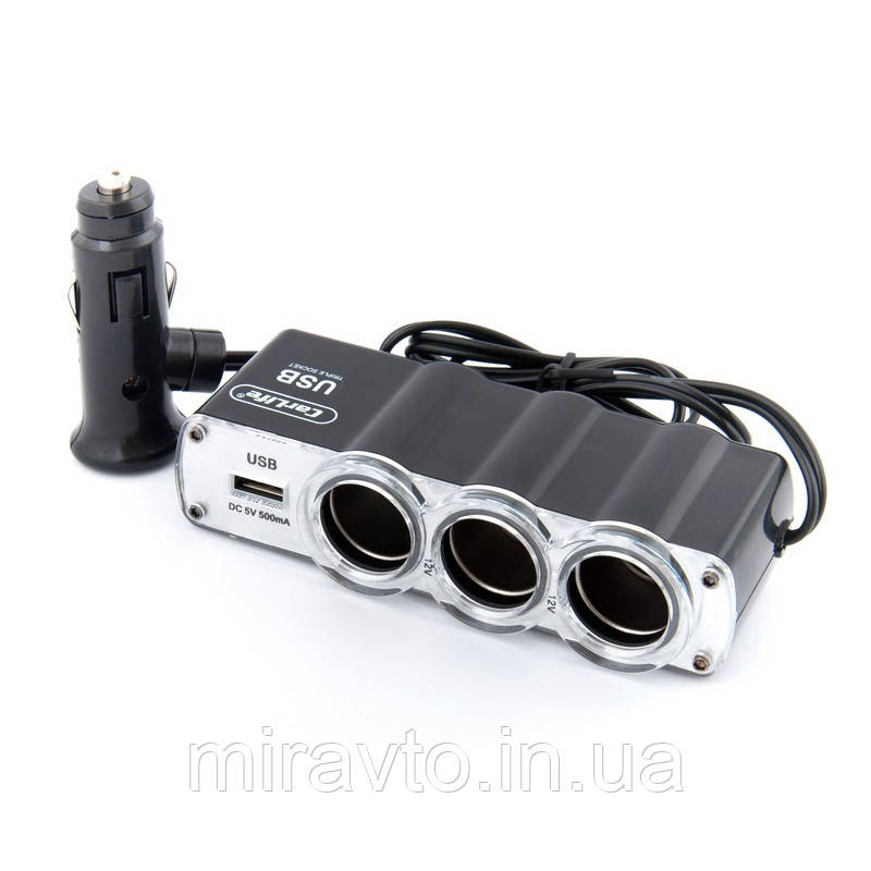 Прикурка-трійник c удлиннит./USB "Carlife"CS301" (100 шт)