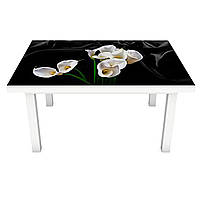 Виниловая наклейка на стол Белые Каллы 3Д декоративная пленка Цветы на черном фоне 600*1200 мм