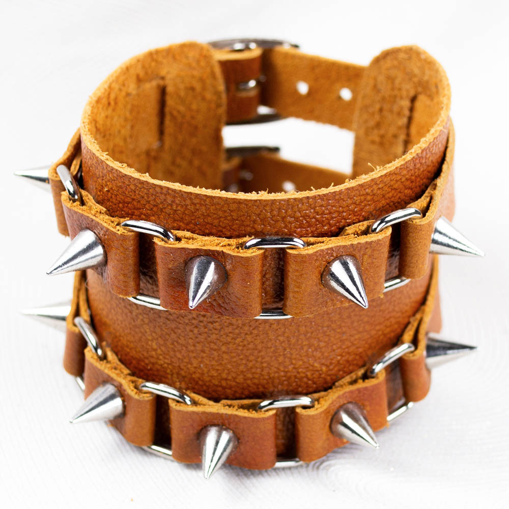Браслет шкіряний BKB-157-2 два ремінця з шипами
