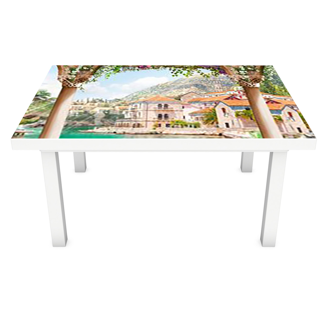 Вінілова наклейка на стіл Вид на будиночок Гори 3Д декоративна плівка колонна Архітектура Зелений 600*1200 мм