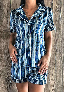 Велюрова жіноча піжама з принтом смуга Сорочка та шорти.
