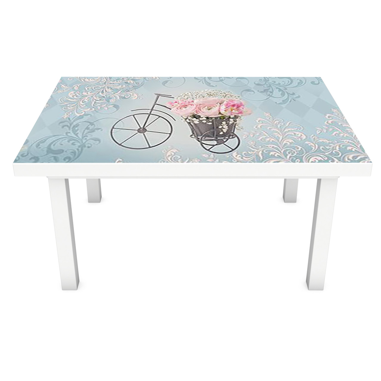Вінілова наклейка на стіл Троянди Велосипед 3Д декоративна плівка букети Абстракція Блакитний 600*1200 мм