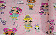 Ткань турецкий ранфорс, 100% хлопок "Куклы Лол на розовом-LOL surprise" (Ширина 240 см)