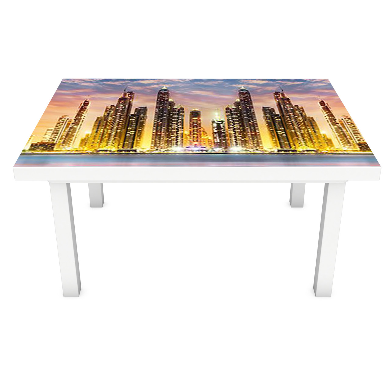 Вінілова наклейка на стіл Хмарочоси нічного міста 3Д самоклейка плівка ПВХ світло вогні Архітектура Бежевий 600*1200 мм