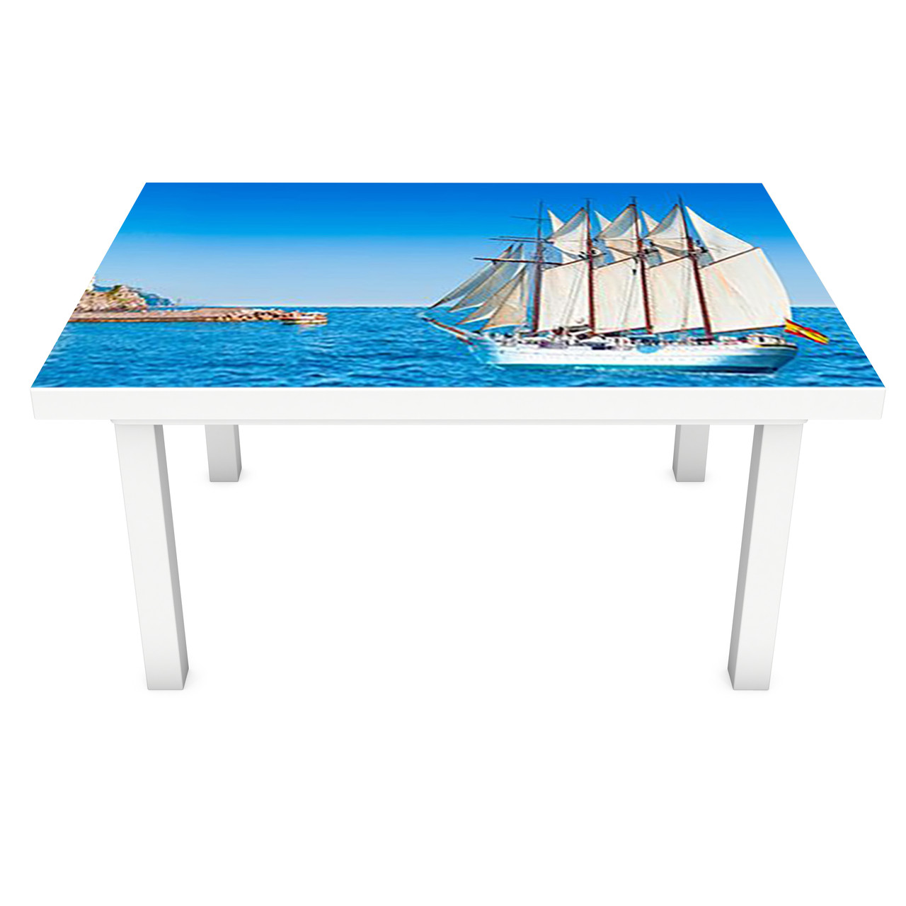 Наклейка на стіл Білий Вітрильник 3Д вінілова плівка ПВХ корабель Море Блакитний 600*1200 мм