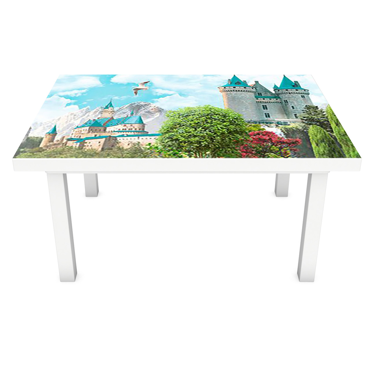 Наклейка на стіл Замок із баштами 3Д вінілова плівка ПВХ Архітектура Блакитний 600*1200 мм