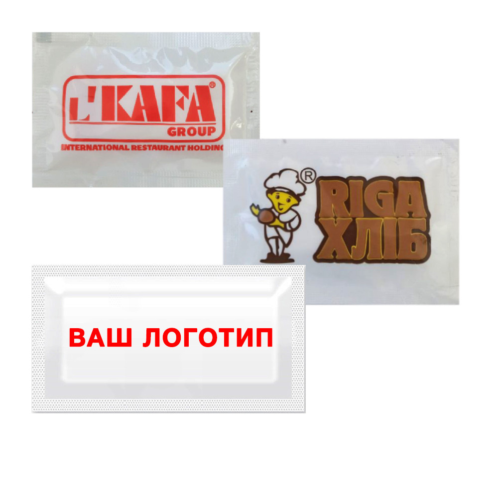 Серветка волога з логотипом Вашої компанії в індивідуальній поліетиленовій упаковці розмір саші 5,5х8 см