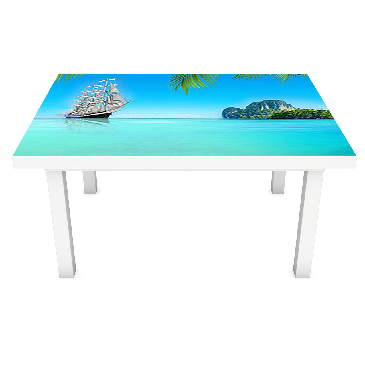 Наклейка на стіл Тропічне узбережжя 3Д вінілова плівка ПВХ острів корабель Море Блакитний 600*1200 мм