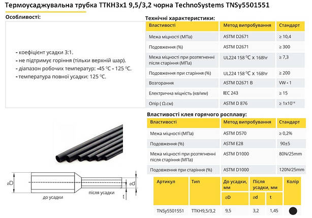 Термоусадочна трубка ТТКН 9.5/3.2 чорна TNSy5501551, фото 3