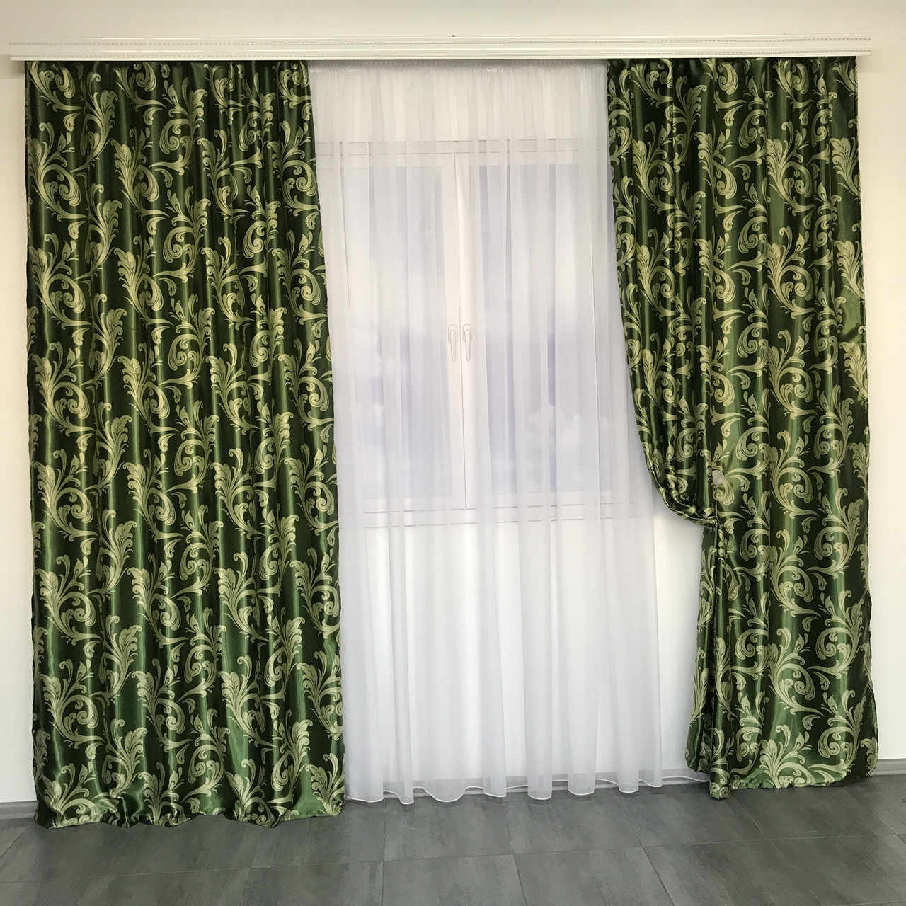 Штори велюр блекаут вензель зелені з білим шифоновим тюлем ALBO (SHTN-202-15), фото 1