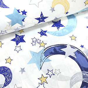 Тканина поплін намальовані великі зірки та місяць синьо-бірюзові на білому (ТУРЦІЯ шир. 2,4 м) (R-S-0424)