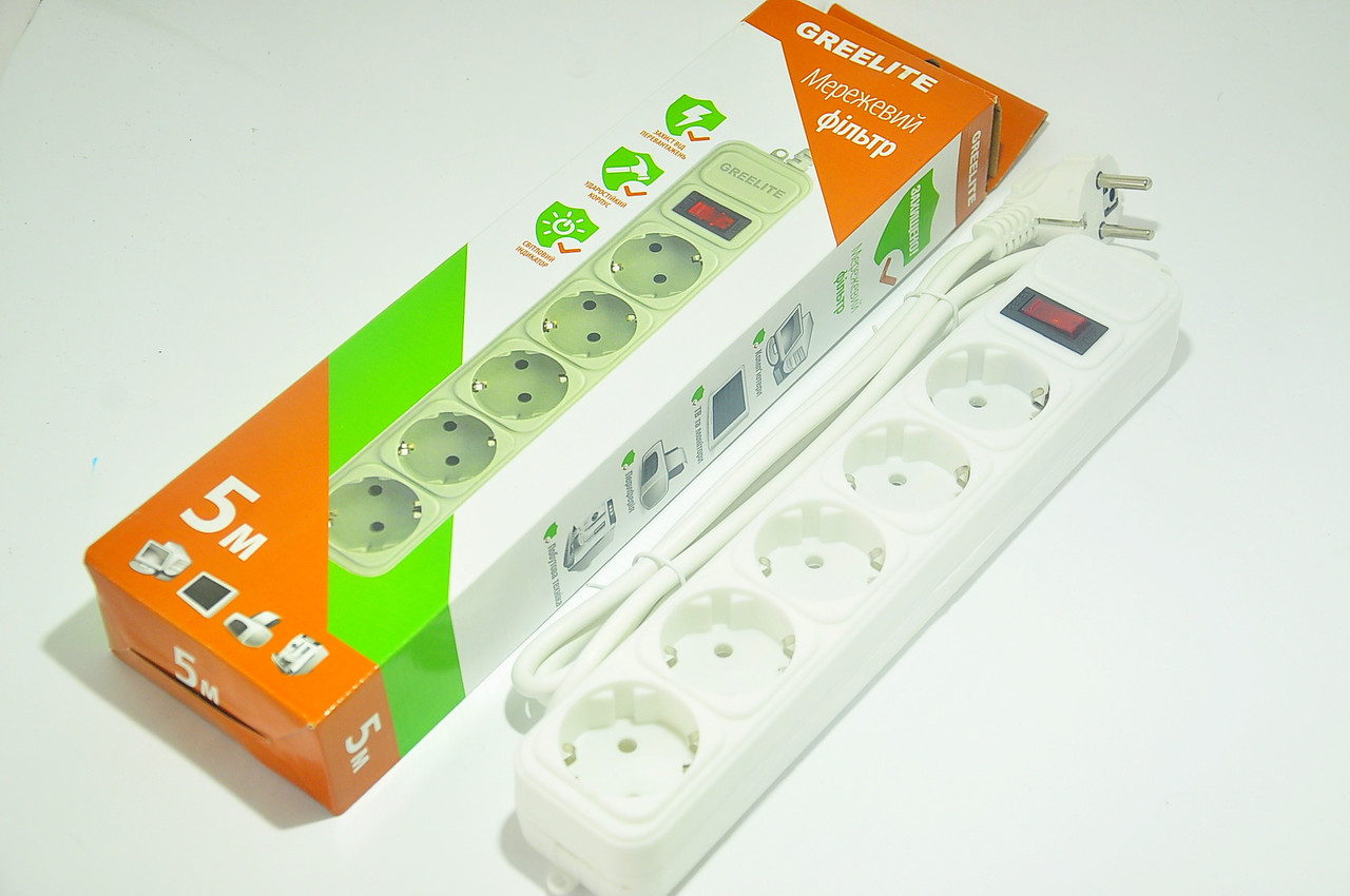 Мережевий фільтр подовжувач 5 розеток 5 м GREELITE сетевой фильтр переноска, фото 1