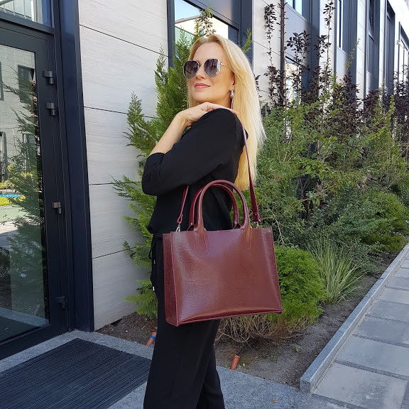 Сумка жіноча "СОЛО" натуральна шкіра, бургунді з тисненням під рептилію, фото 1