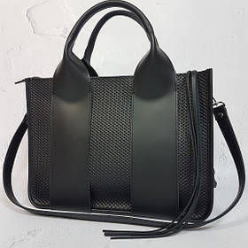 Сумка жіноча "Фіона S" натуральна шкіра, чорна матова з тисненням плетінка