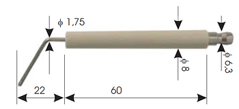 Електрод іонізації/підпалювання для газових пальників. Діаметр 8 мм, довжина кераміки 60 мм, провідник 22 мм
