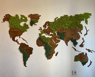Дерев'яна карта Світу з гравіюванням і стабілізованим мохом 2000х1200