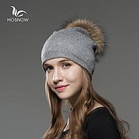 Шапка зимняя женская теплая. Модная женская шапка бини с натуральным меховым помпоном Светло серый