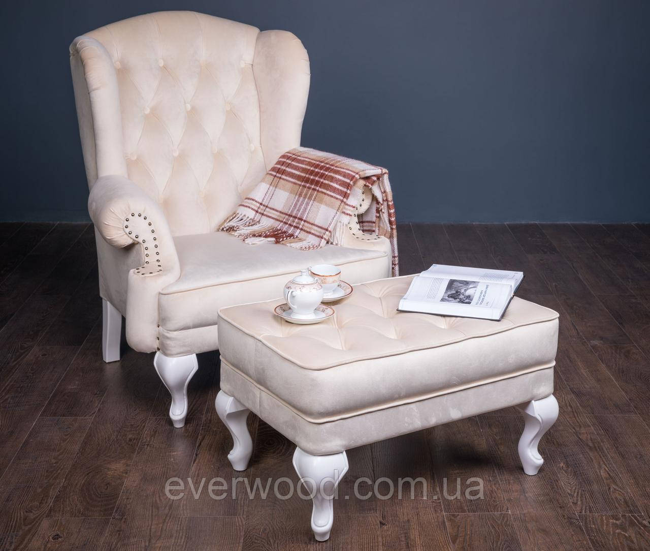 Классическое мягкое кресло "Вальтер" и пуф, удобное кресло с каркасом из дерева - фото 2 - id-p1256987120