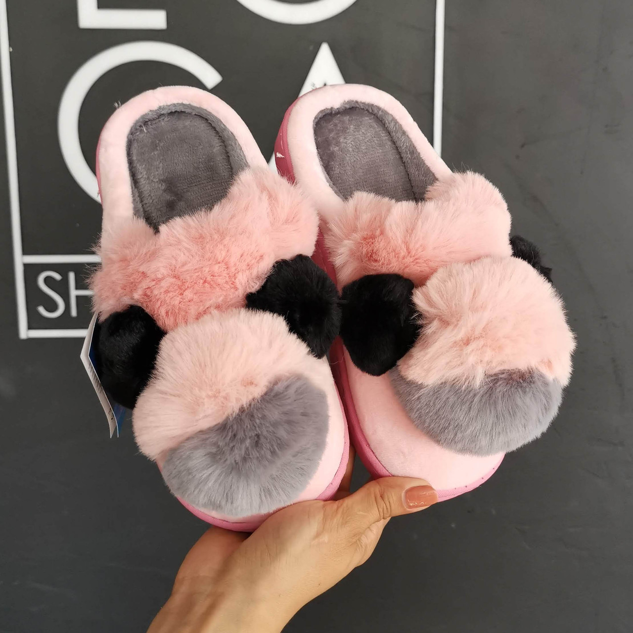 Тапочки домашні жіночі кімнатні. Теплі хутряні капці з помпонами, р. 38-39 Рожевий, фото 1