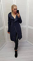 Укороченное пальто с капюшоном темно-синее , кашемировая ткань, арт 136