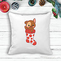 Подушка з новорічним принтом Цуценя в шкарпетці